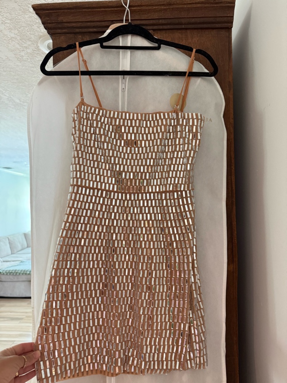 Oh Polly Tan Mini Dress with Metallic Rectangular Sequins - Picture 1 of 5